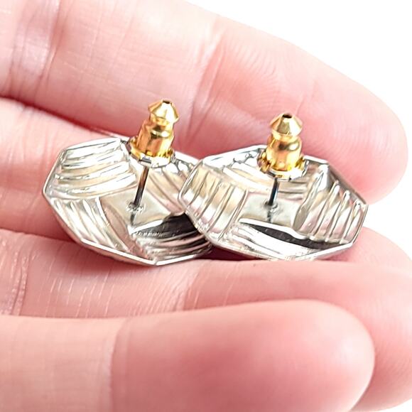 Vintage Hexagonal Textured Earrings, Silver & Gold Tone, Geometric Design - Picture 6 of 10